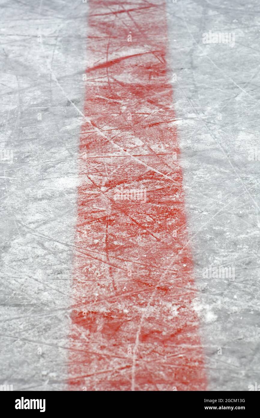 Ice hockey rink red markings closeup, winter sport background Stock