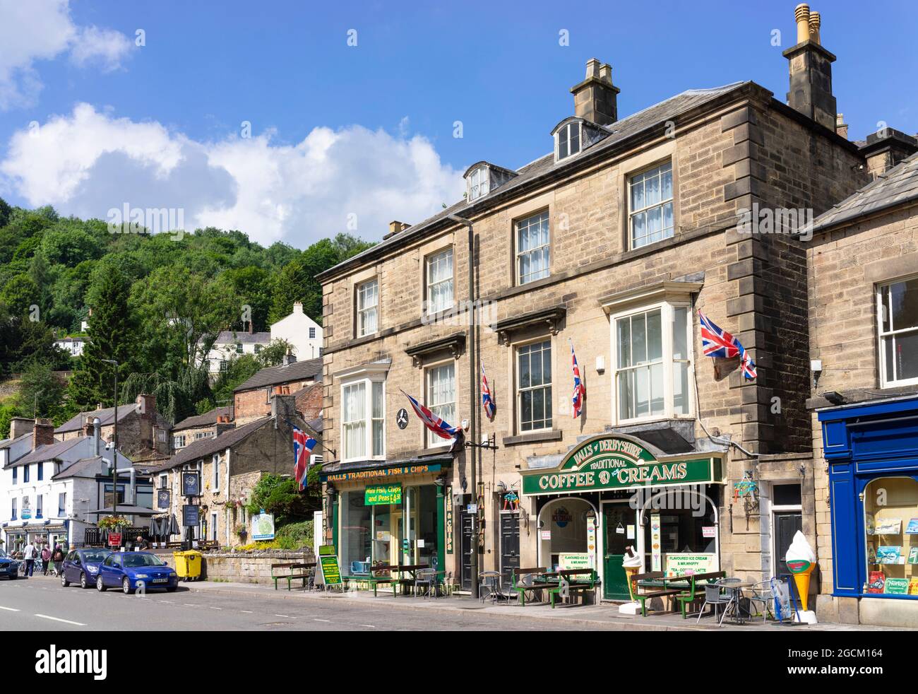 Matlock bath town centre with Halls Traditional Fish & Chips and Halls of Derbyshire coffee shop North Parade Derbyshire England UK GB Europe Stock Photo