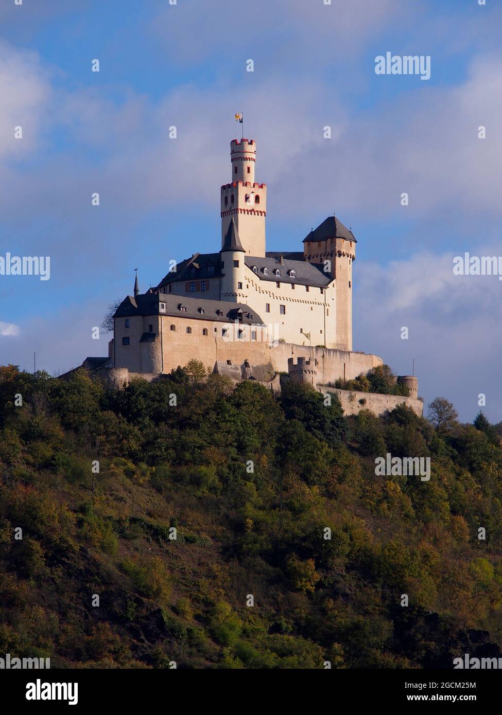 The Marksburg is a castle above the town of Braubach in Rhineland-Palatinate, German Stock Photo