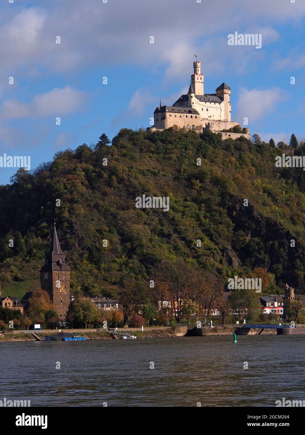 The Marksburg is a castle above the town of Braubach in Rhineland-Palatinate, German Stock Photo
