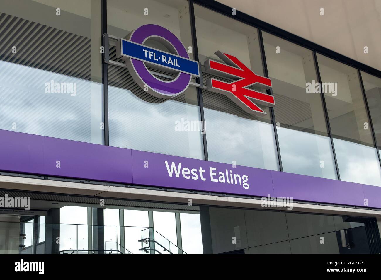 London- August 2021: West Ealing Station in West London. New station connecting the Great Western Mainline with the new London underground line, the E Stock Photo