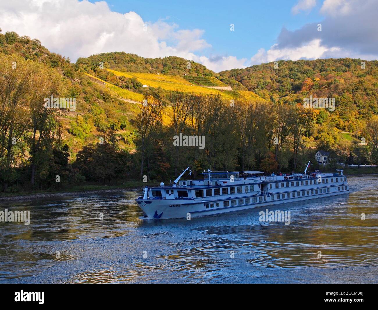 Cruise ship surrounded by trees and colourful fields on the River Rhine in Germany Stock Photo