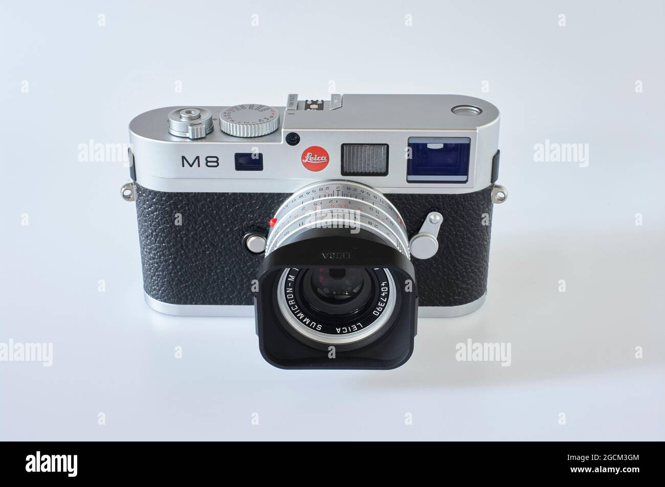 Leica M8.2 digital rangefinder in chrome with Leica Summicron 35mm F2 lens. 2008 model. Stock Photo