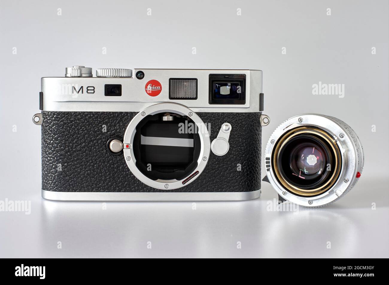 Leica M8.2 digital rangefinder in chrome with Leica Summicron 35mm F2 lens. 2008 model. Stock Photo