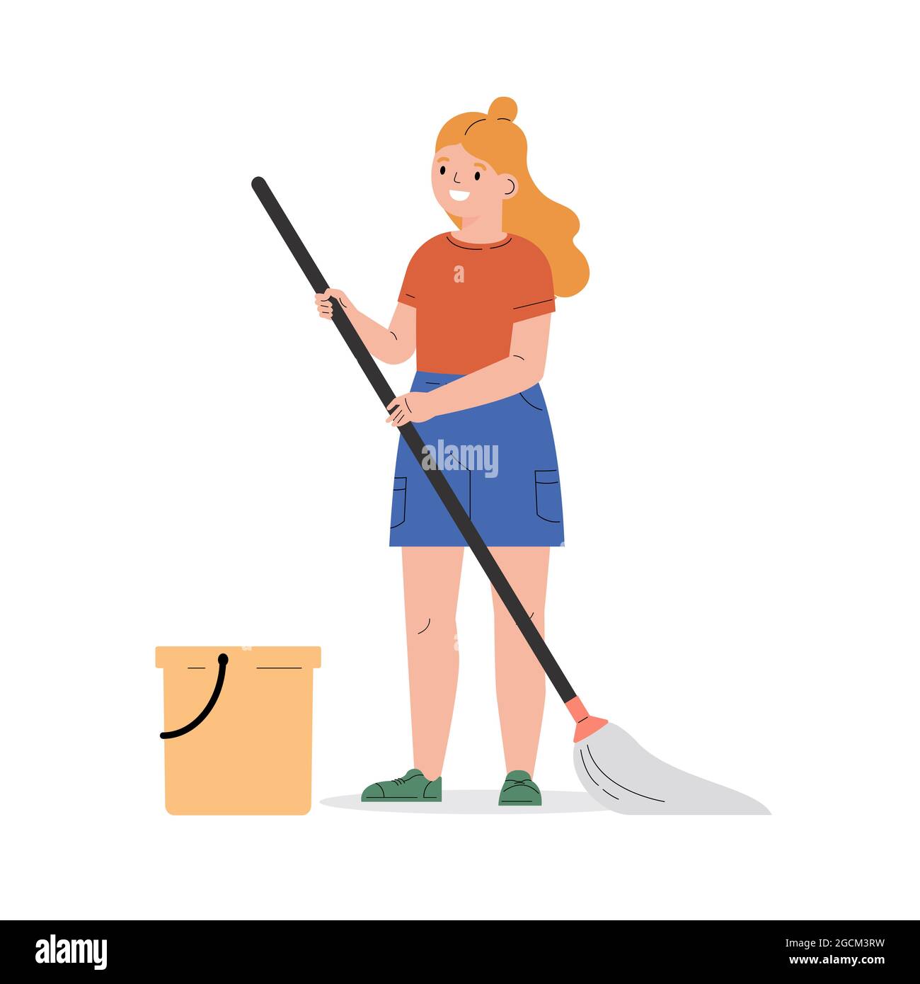 Teenager girl with a mop and a bucket.  Stock Vector
