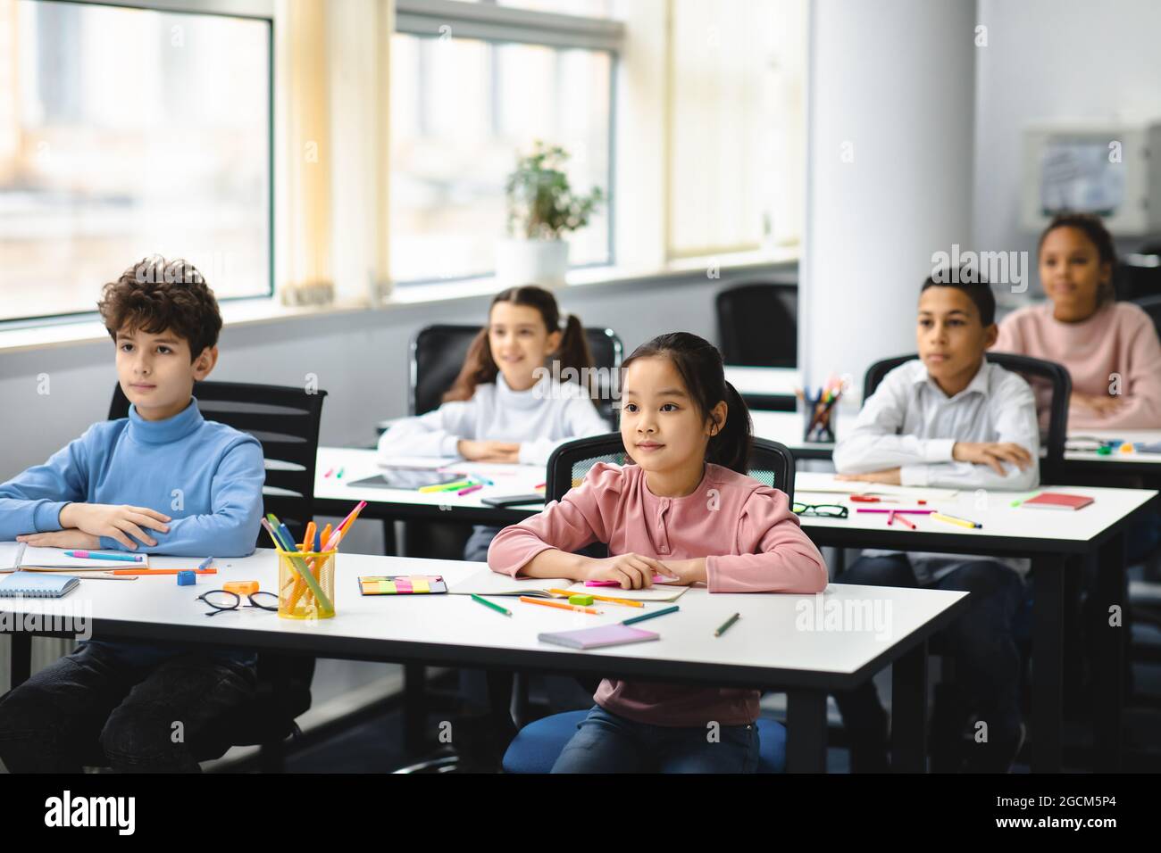 Portrait of focused diverse pupils sitting at desk in classroom Stock Photo
