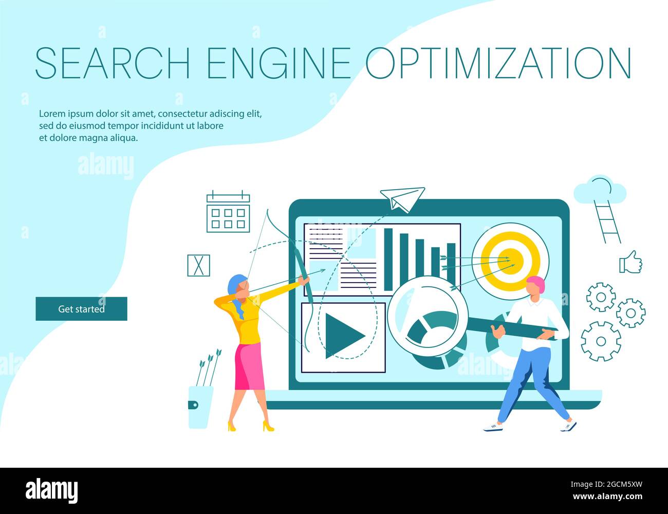 Landing webpage template of SEO Optimization. Web app develop, page layout, program software optimization, seo or analytic concept. Flat Art Vector Il Stock Vector