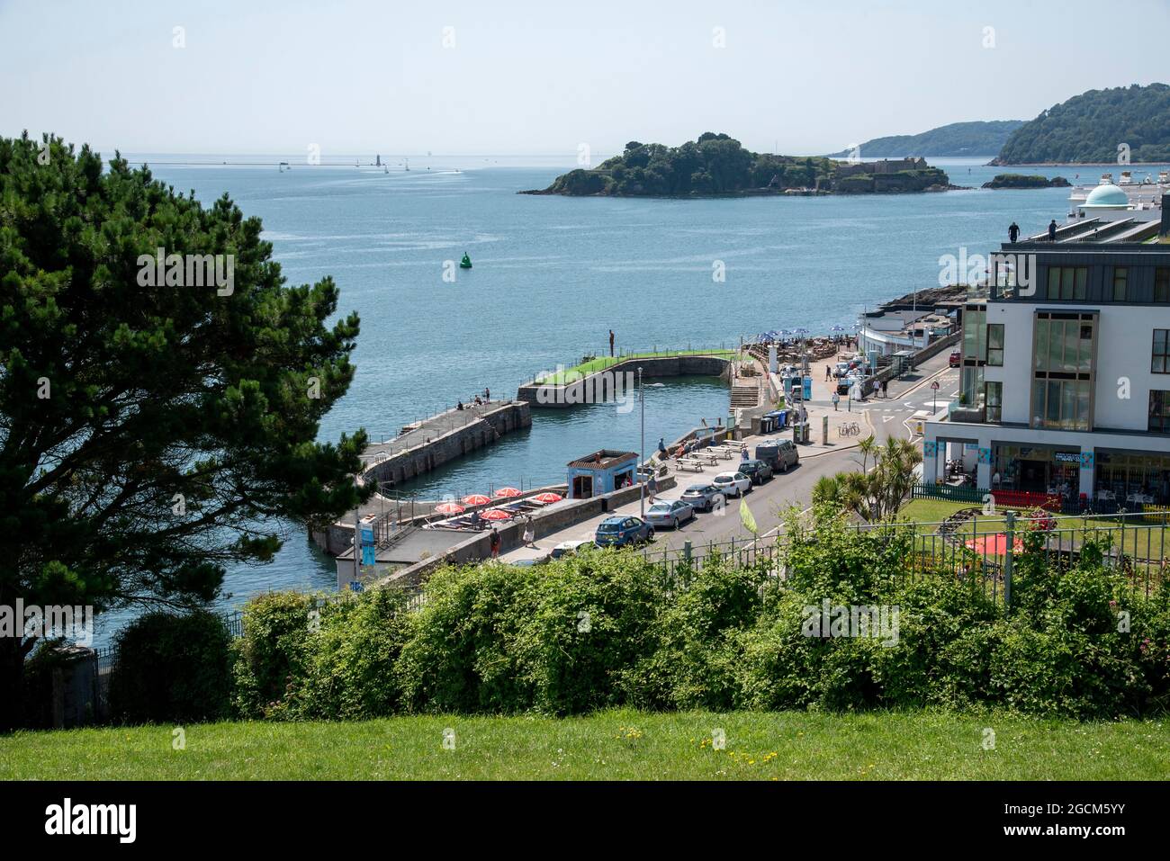 Plymouth, Devon, England, UK. 2021. Overview of the West Hoe Pier at high tide, commercial landing stage and small harbour on the waterfront, Plymouth Stock Photo