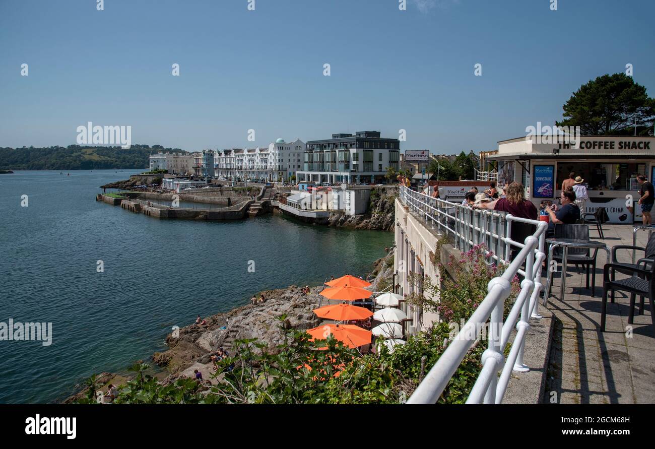 Plymouth, Devon, England, UK. 2021. Overview of the West Hoe Pier at high tide, a fishing pier