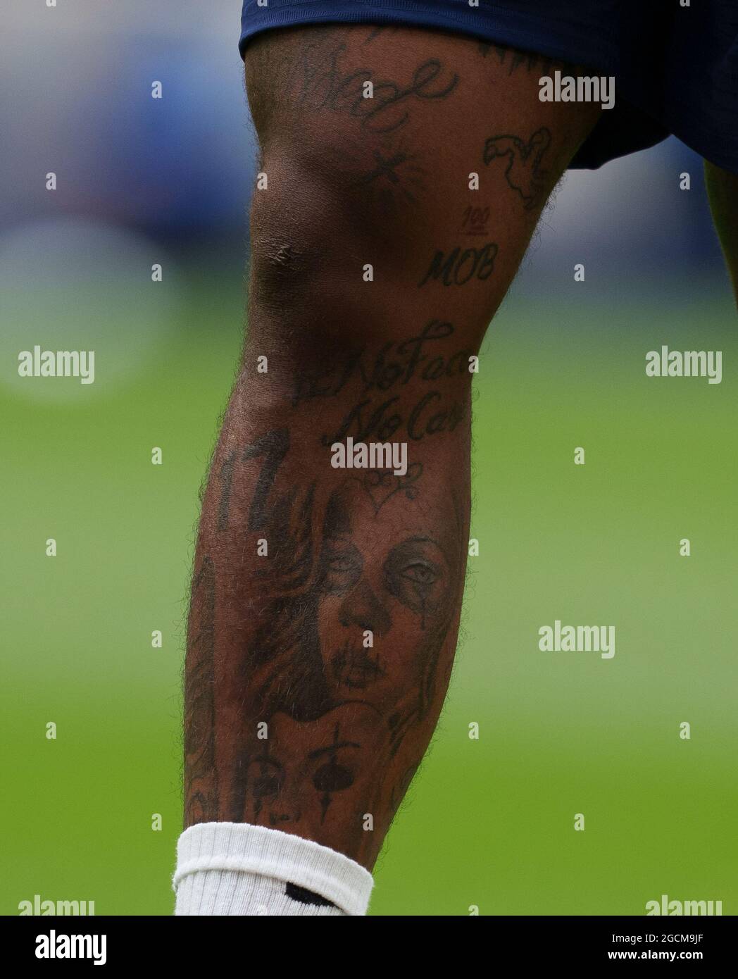 White Hart Lane, UK. 08th Aug, 2021. The leg tattoos of Steven Bergwijn of Spurs pre match during the 2021/22 Pre Season Friendly 'Mind series tournament' match between Tottenham Hotspur and Arsenal