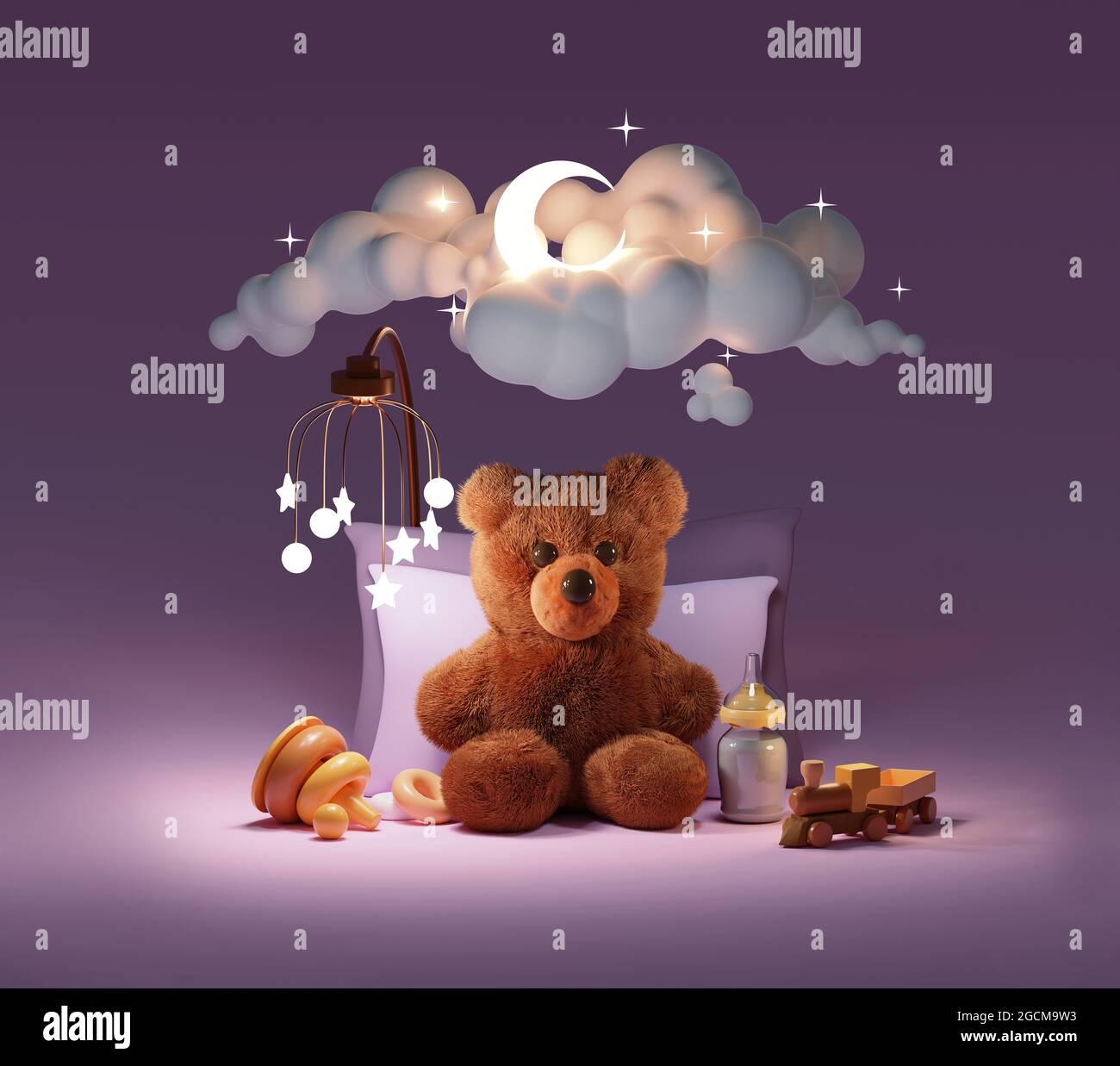 Fluffy baby teddy bear sleeping under the moon and stars. Teddy bear on pillows with toys, mobile, and baby milk bottle. Cloudy sky, moon and stars Stock Photo