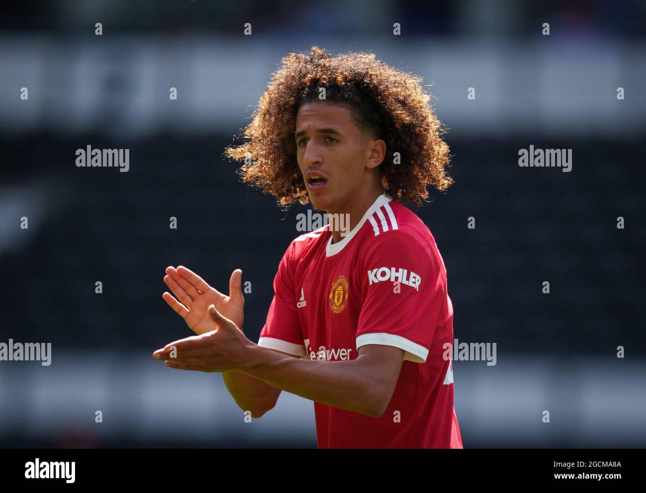 Derby, UK. 18th July, 2021. Hannibal Mejbri of Man Utd during the 2021/22 Pre Season Friendly match between Derby County and Manchester United at the Ipro Stadium, Derby, England on 18 July 2021. Photo by Andy Rowland. Credit: PRiME Media Images/Alamy Live News Stock Photo