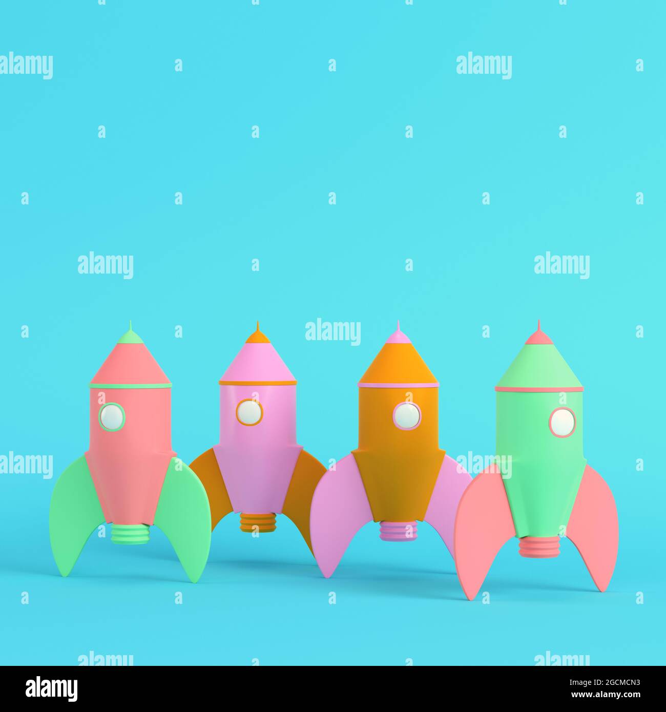 Colorful cartoon styled rockets on bright blue background in pastel ...
