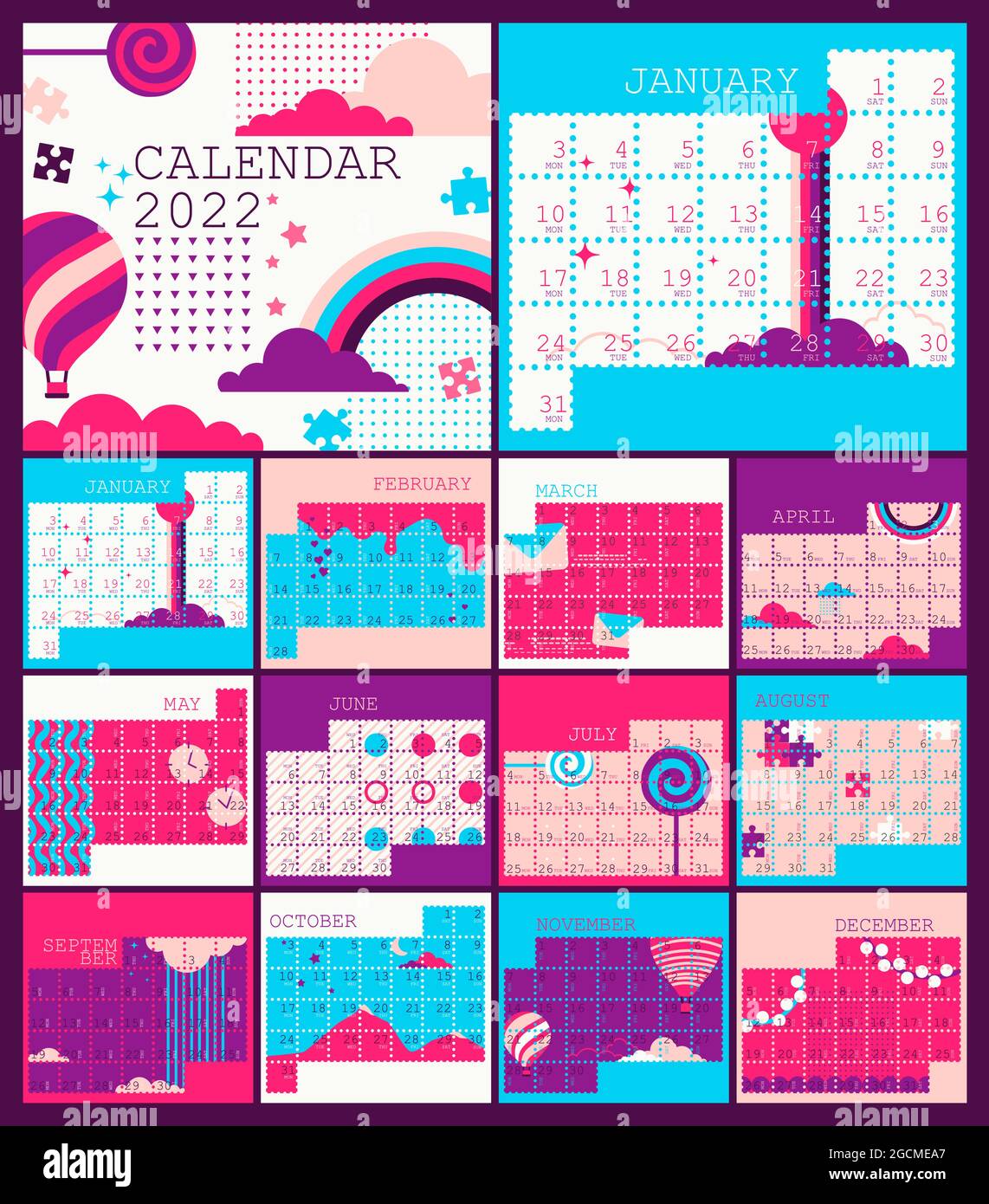 Calendar 2022, planner organizer, Monday week start, vertical layout, set for 12 months from January to December. Vector multicolored isolated Stock Vector