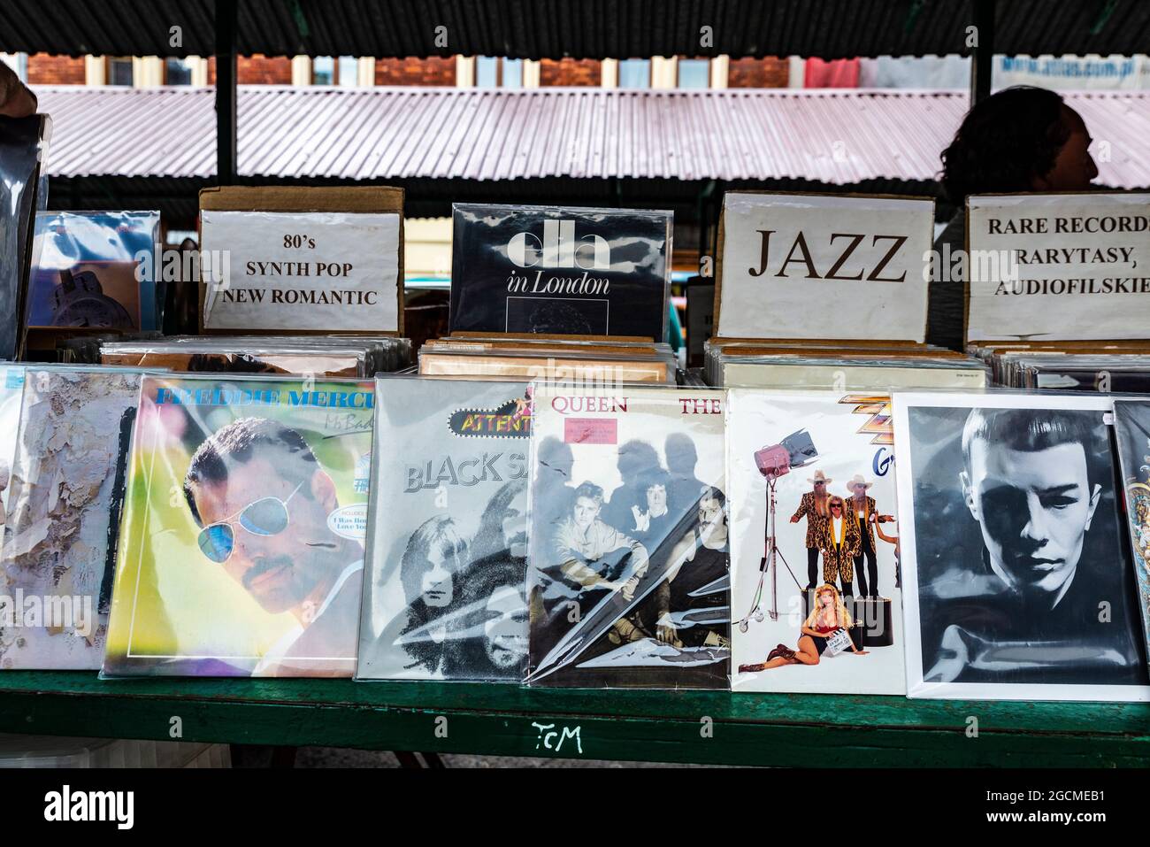 Krakow, Poland - August 28, 2018: Vinyl or LP records of Queen on the flea market in the Plac Nowy in Krakow, Poland Stock Photo