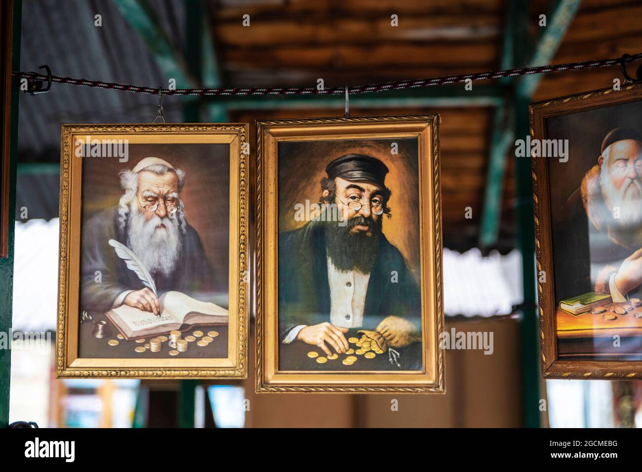 Krakow, Poland - August 28, 2018: Pictures showing jews with gold coins on the flea market in the Plac Nowy in Krakow, Poland Stock Photo
