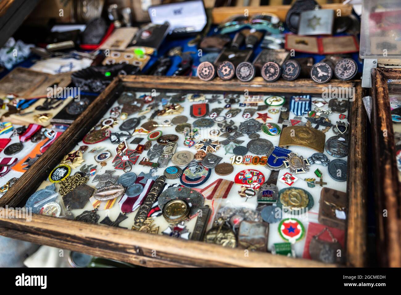 Krakow, Poland - August 28, 2018: Soviet and Nazi era medal and insignia on the flea market in the Plac Nowy in Krakow, Poland Stock Photo