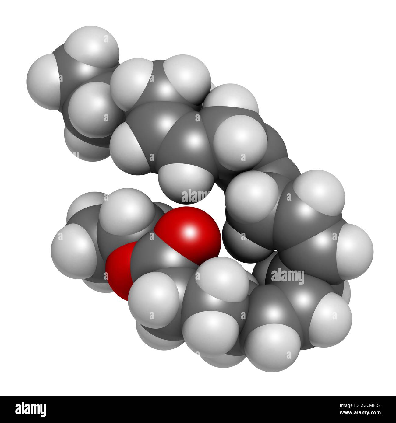 Icosapent ethyl (ethyl eicosapentaenoic acid) drug molecule.  3D Stock Photo