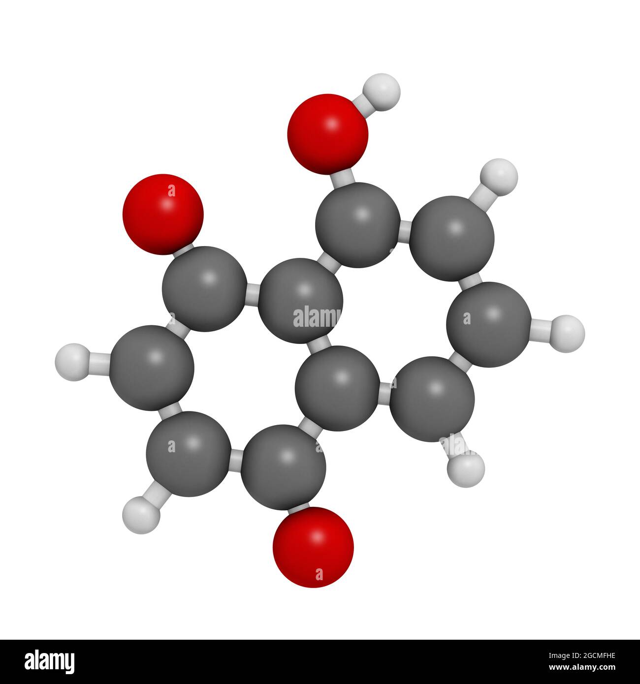 Juglone walnut molecule. 3D rendering. Atoms are represented as Stock