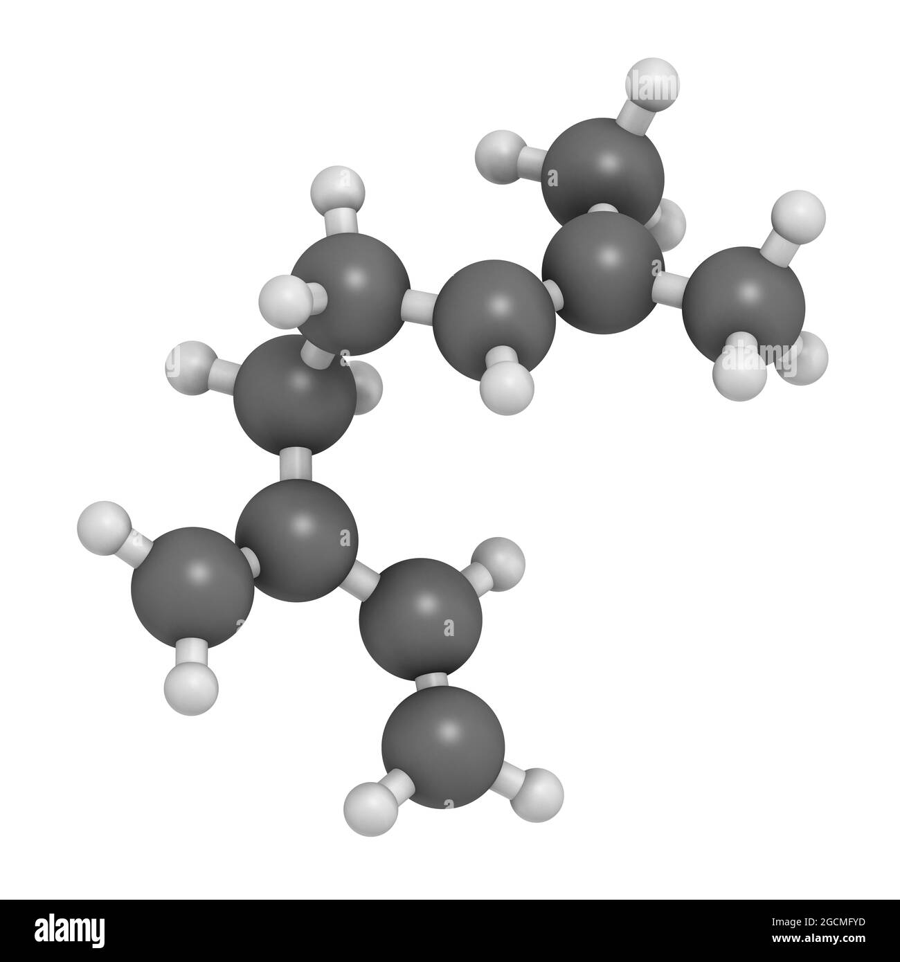 Myrcene monoterpene molecule. 3D rendering. Atoms are represente Stock Photo