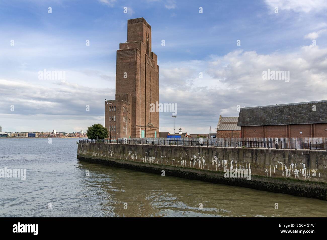 Birkenhead, Wirral, UK: Queensway tunnel ventilation tower at Woodside, overlooking the river Mersey. Stock Photo
