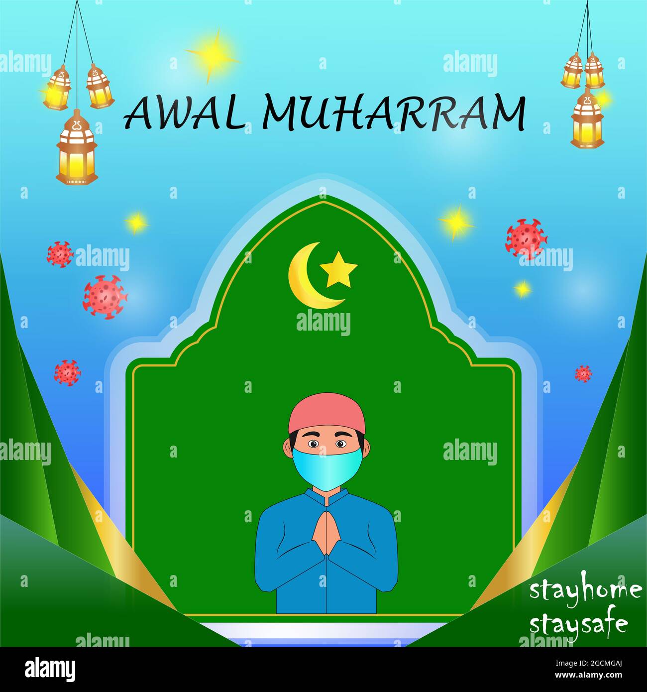 illustration of islamic pattern, written with Awal Muharram mean Happy