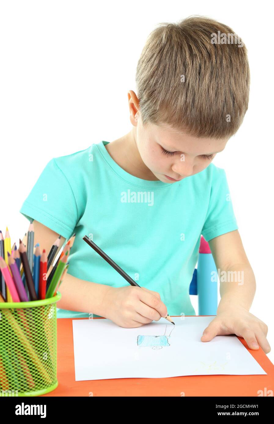 Little boy drawing isolated on white Stock Photo - Alamy