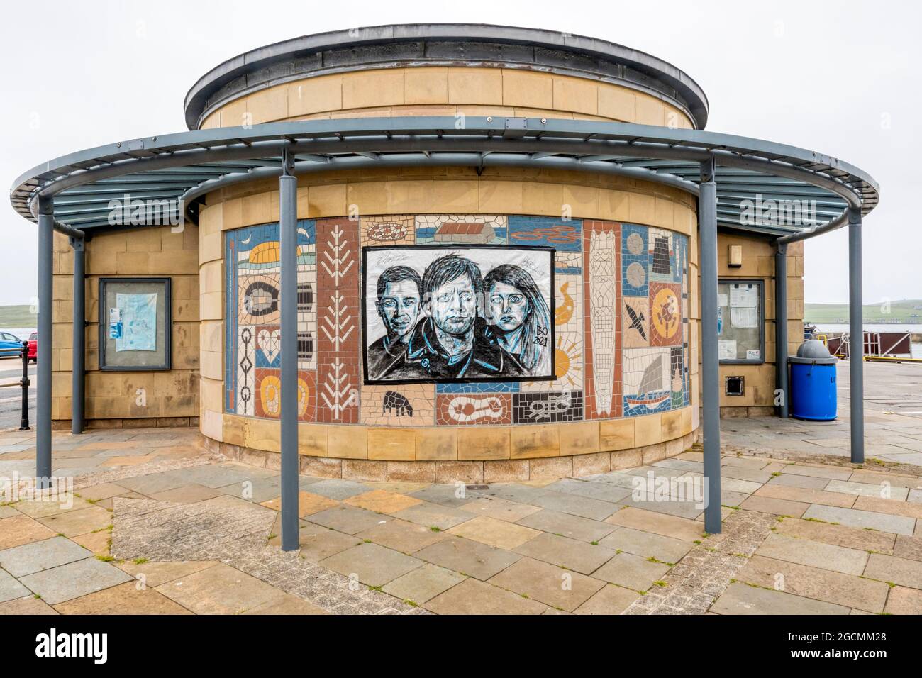 A drawing of the cast of the TV drama Shetland displayed in Lerwick town centre on Mainland, Shetland Islands. Stock Photo