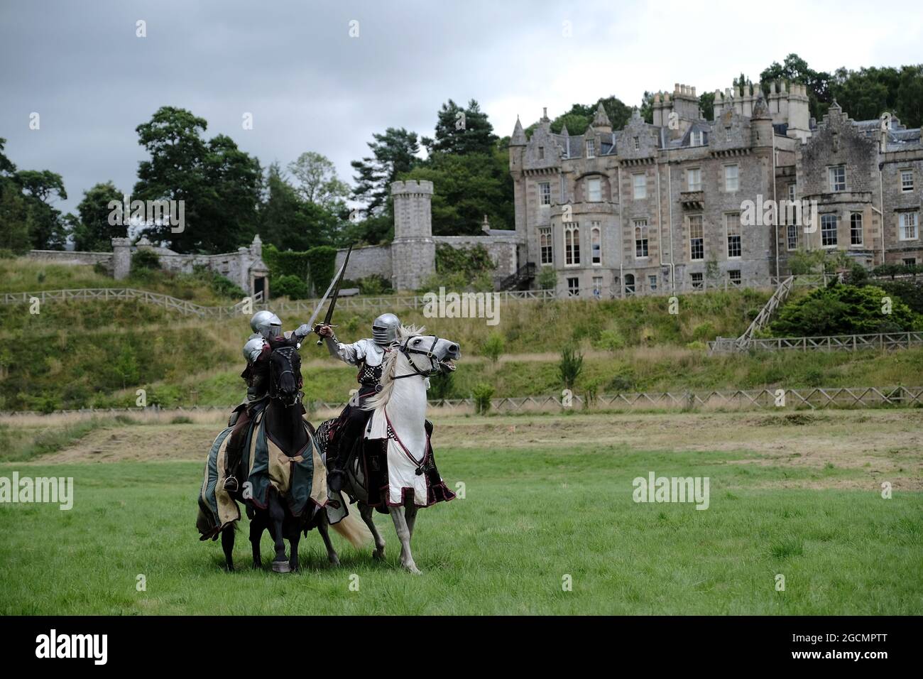 Melrose Uk 9 August 21 Photocall For Scottfest 21 At Abbotsford House Melrose Jake Martin On Merly R And Cody Duffy On Champion L From Les Amis Will Demonstrate Jousting Knights Scotlandos