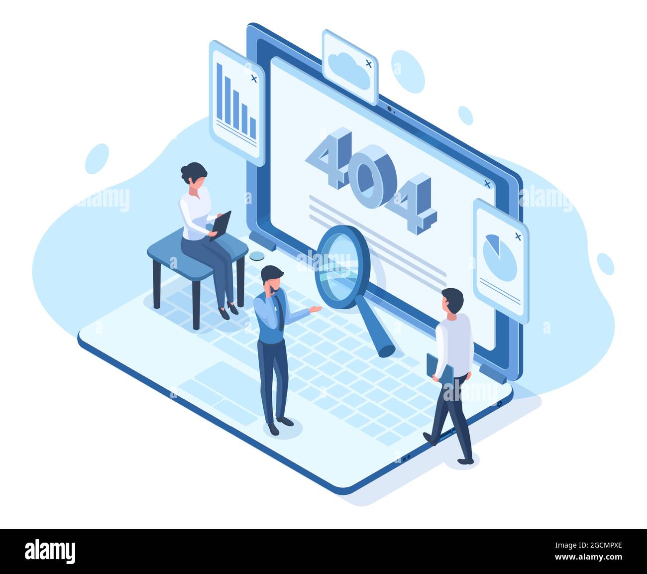 Isometric error lost 404 page network user people concept. Lost network website page, error not available webpage vector illustration. Not found 404 Stock Vector