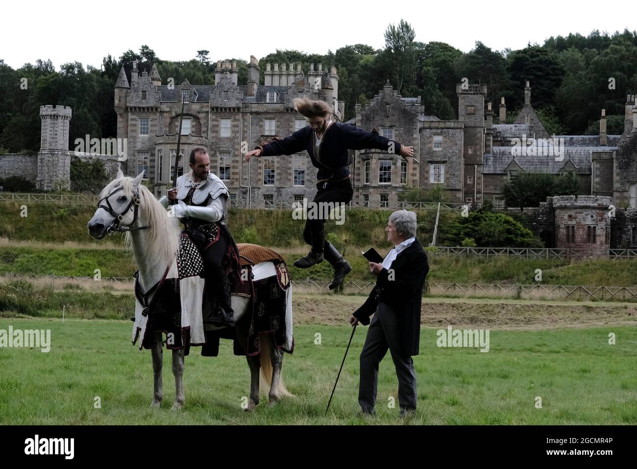 Melrose Uk 9 August 21 Photocall For Scottfest 21 At Abbotsford House Melrose Jake Martin On Merly R Alongside John Nichol As Sir Walter Scott While Doug g Shows Off Acrobatic Skills Melrose Uk 9 August 21 Photocall For Scottfest 21 At Abbotsford House Melrose Jake Martin On Merly R Alongside John Nichol As Sir Walter Scott While Doug g Shows Off Acrobatic Skills