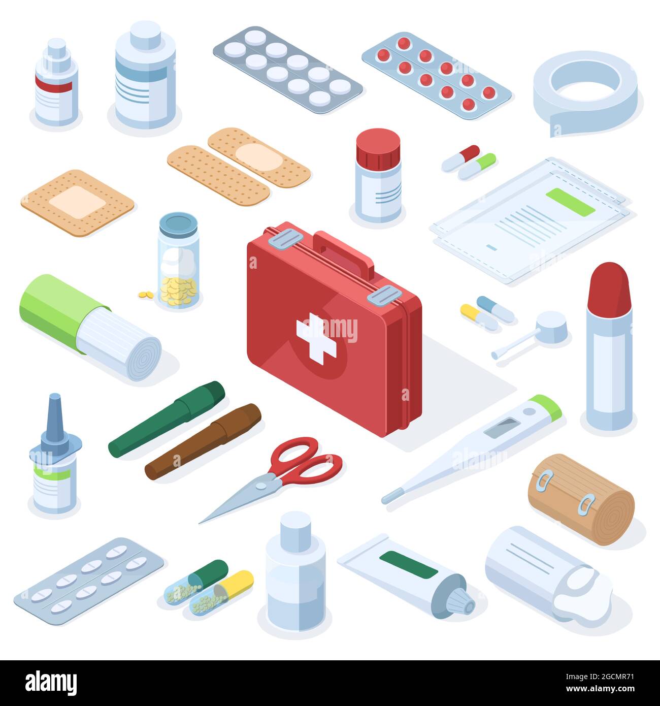 Isometric medical pharmacy first aid kit equipment. Medical equipment,  pharmacy medication, pills, patch, spray, syringe vector illustration set  Stock Vector Image & Art - Alamy