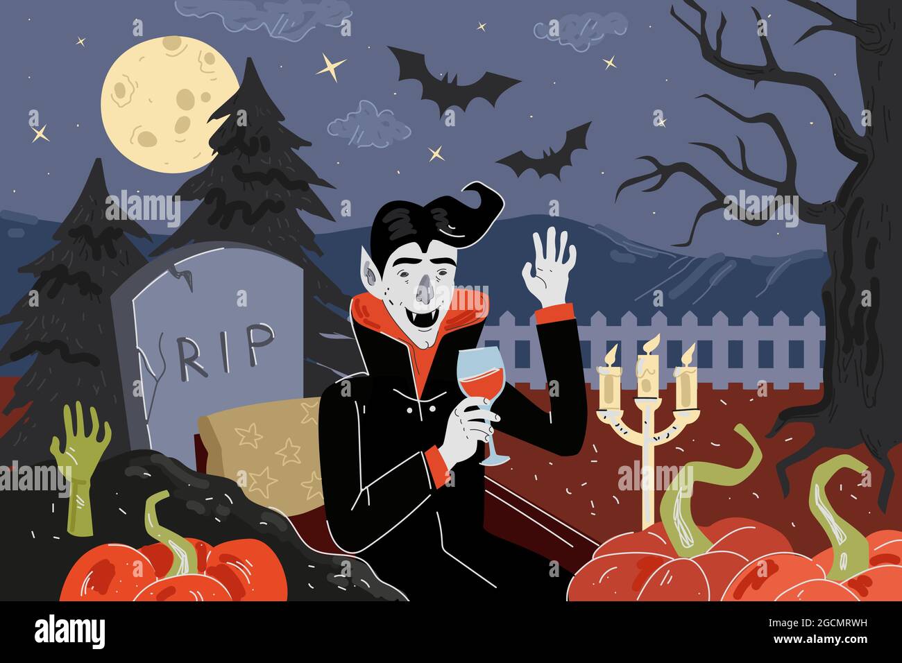 Happy Halloween holiday greeting card. Vampire dinner in moonlight night cemetery with pumpkins and bats. Ghoul drink blood in grave with tombstone and inscription R.I.P. near zombie hand from ground Stock Vector