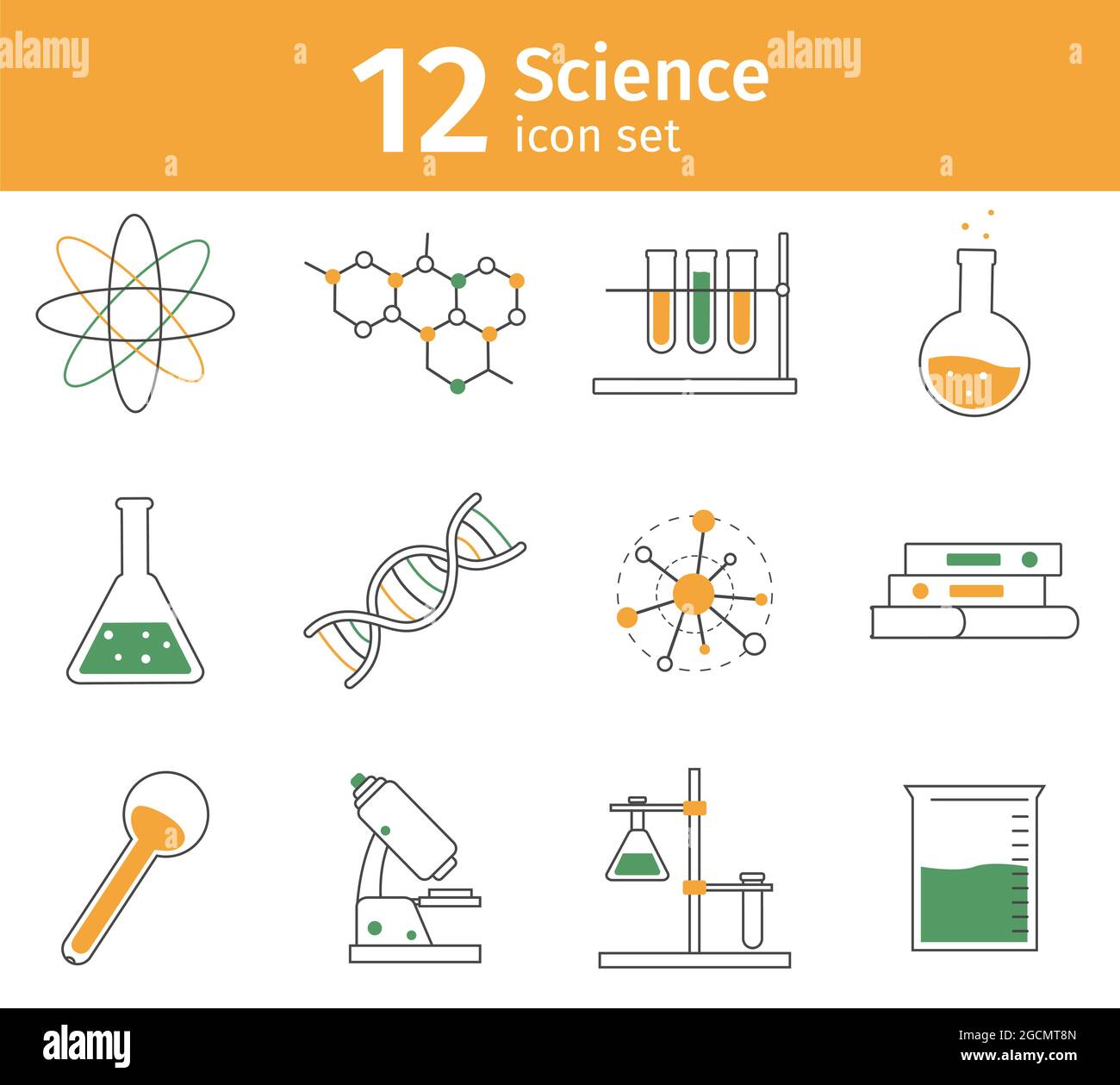 Line science icon set. Chemistry lab equipment as glassware. Molecule ...