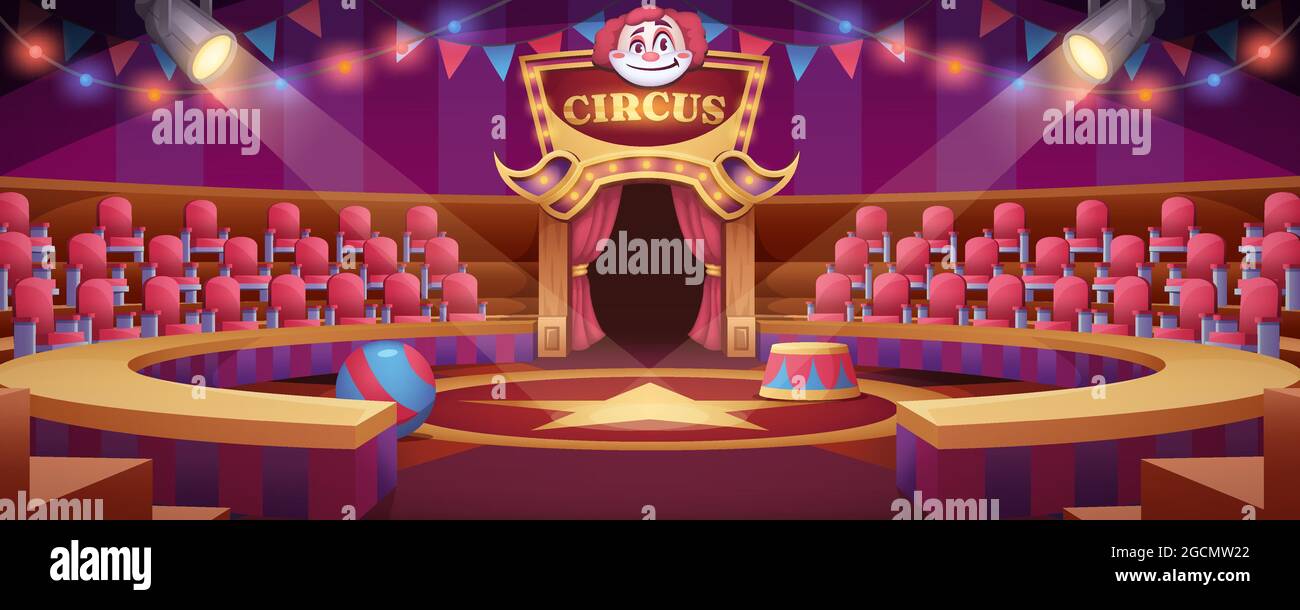 Cartoon circus arena. Round stage under marquee dome with seats, flags and searchlights for entertainment performance or carnival show. Empty interior inside or carnival ring of cirque tent with scene Stock Vector