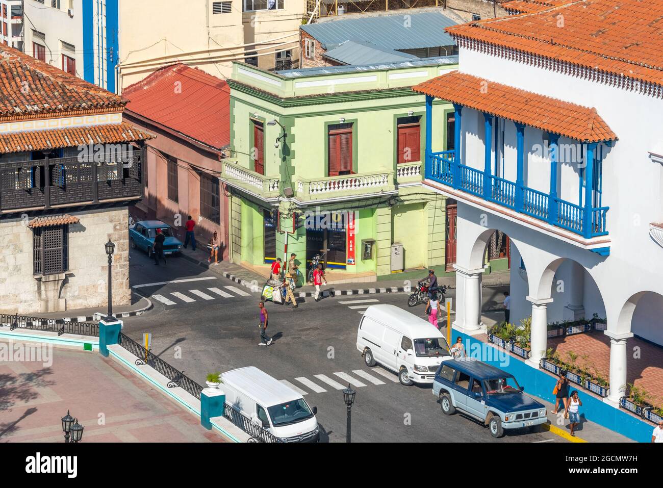 Intersection in the Cespedes Square, downtown district, Santiago de Cuba, Cuba, 2016 Stock Photo