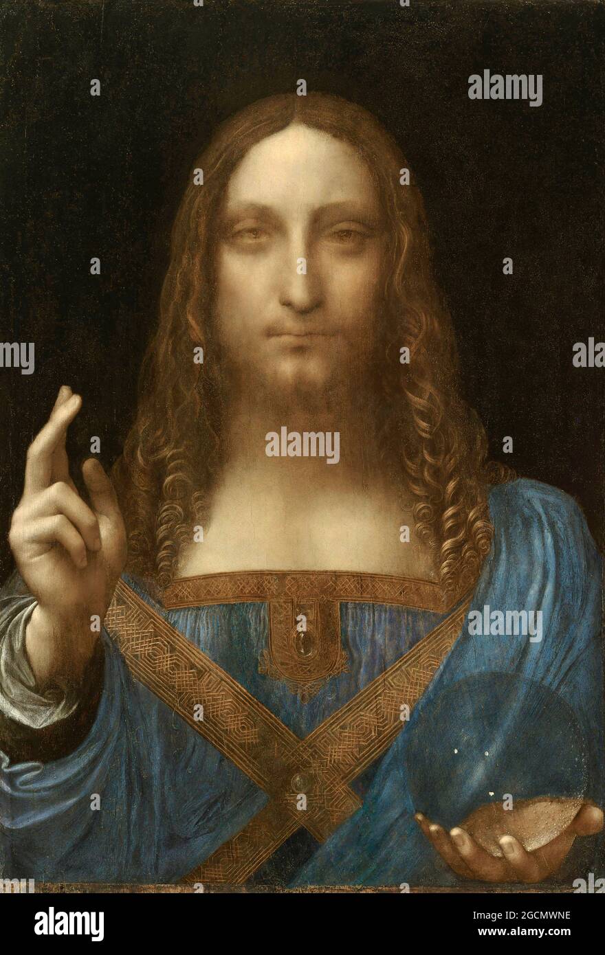 Salvator Mundi is a painting attributed in whole or in part to the Italian High Renaissance artist Leonardo da Vinci, dated to c. 1499–1510. Stock Photo
