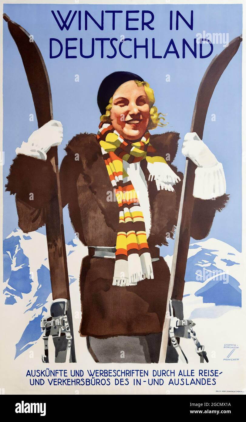 Vintage Winter Sport poster – retro style, skiing, advertising, tourism, ´Winter in Deutschland´, Munich, 1931. Ludwig Hohlwein. Stock Photo