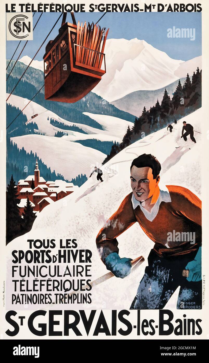 Vintage Winter Sport poster – retro style, skiing, – St Gervais-Les-Bains Travel Poster. A man skiing under a cabin lift. Stock Photo