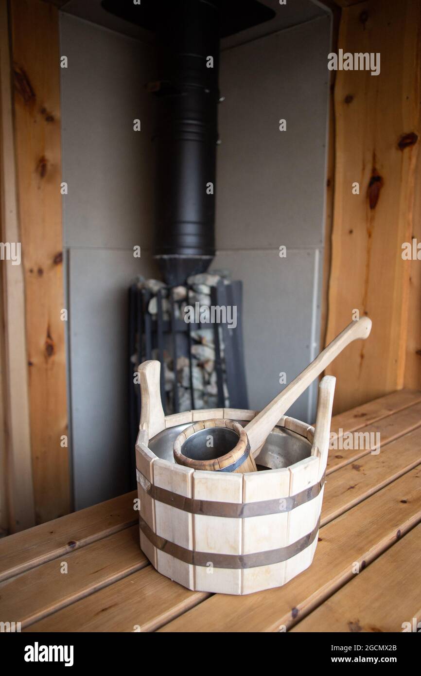 wooden bucket with a bucket in the Russian bath Stock Photo Alamy