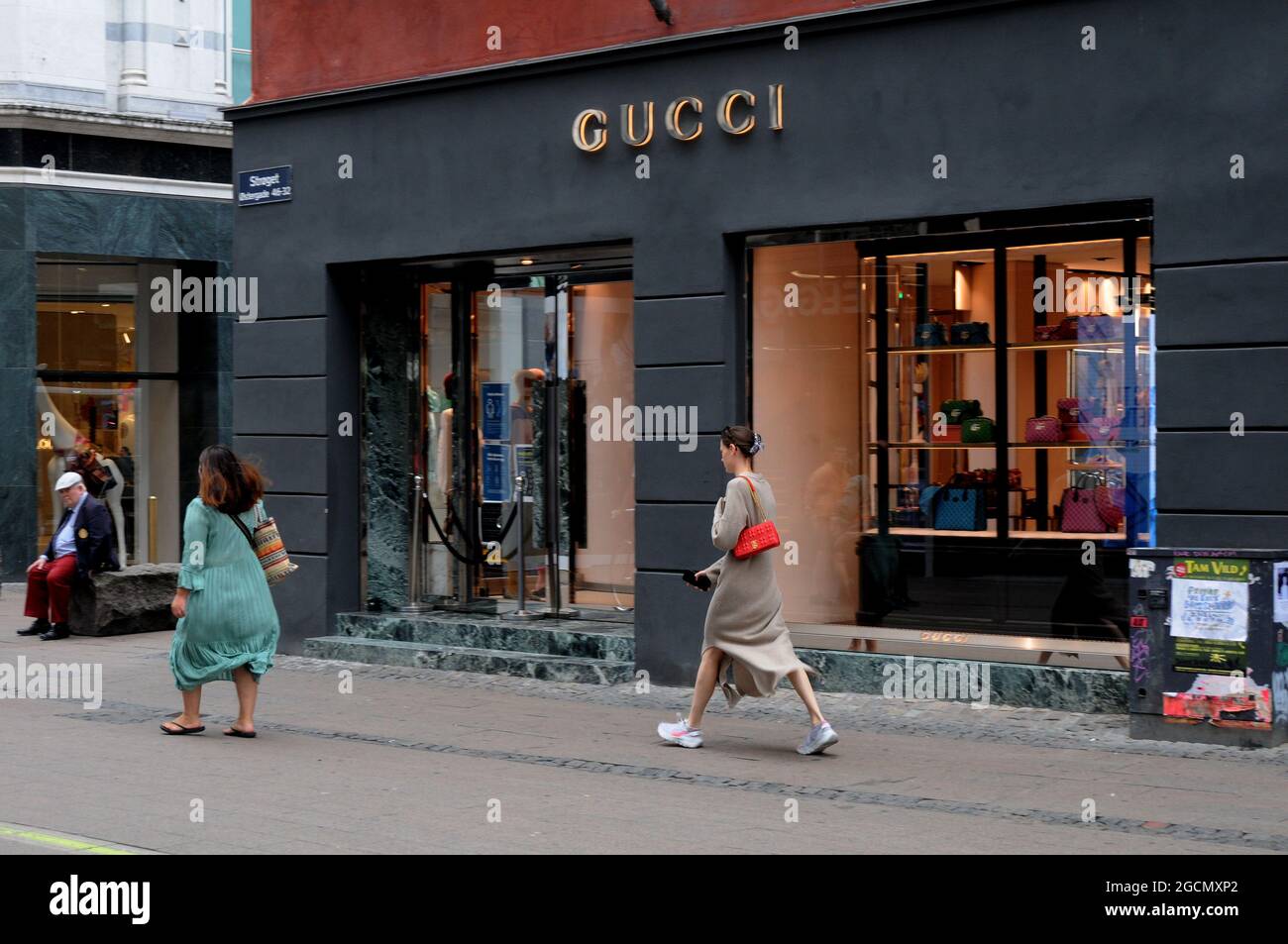 Copenhagen, Denmark.,09 August 2021,/Tourists and shopper pass by Gucci store Stroeget financial street in (Photo..Francis Jose Stock Photo - Alamy