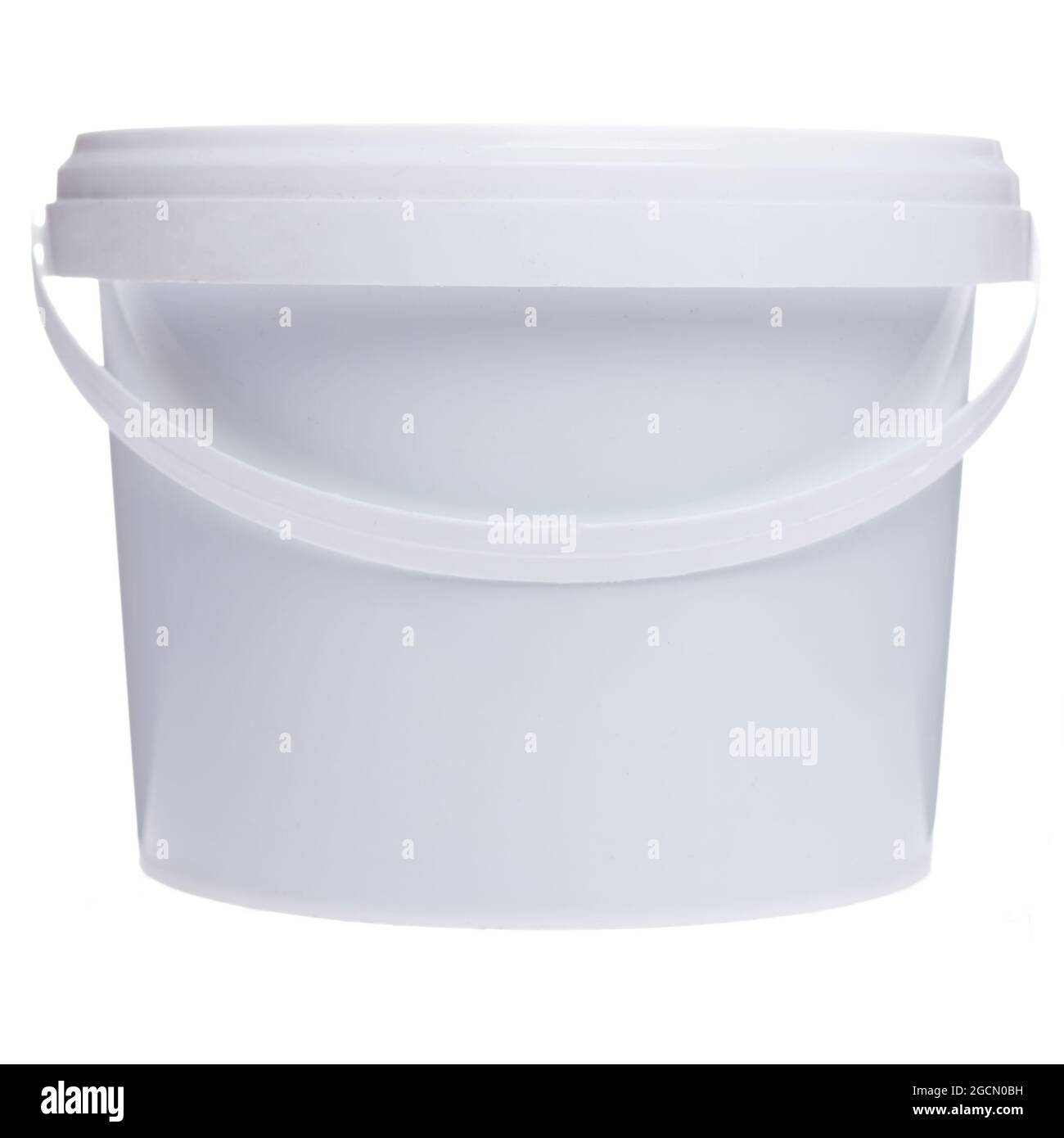 Small plastic white bucket. Construction bucket with a handle. The back