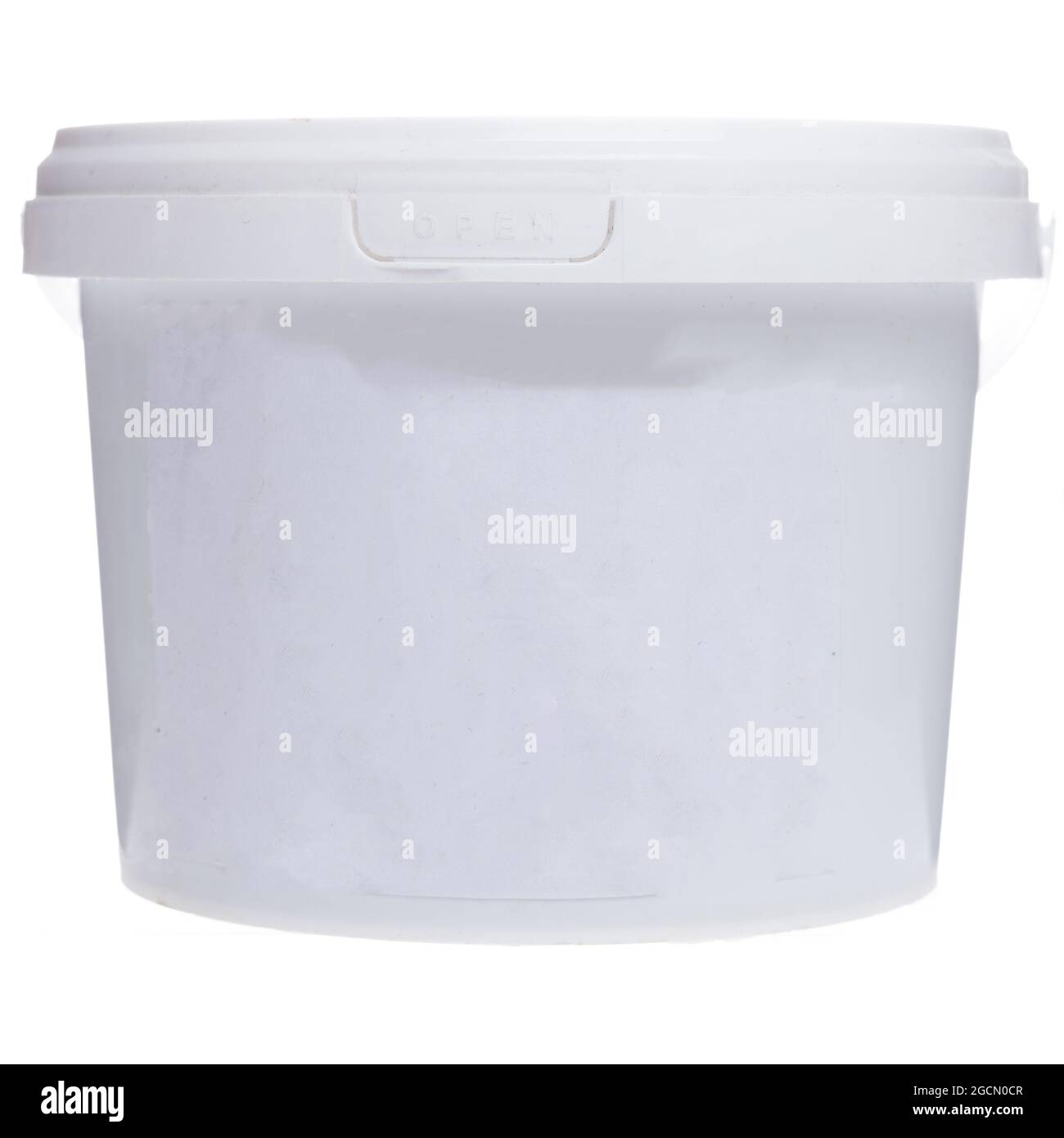 Plastic bucket for mortar. Construction household chemicals in a white