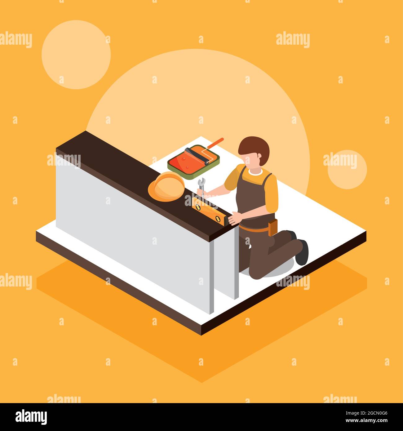 worker with bubble level in wall Stock Vector