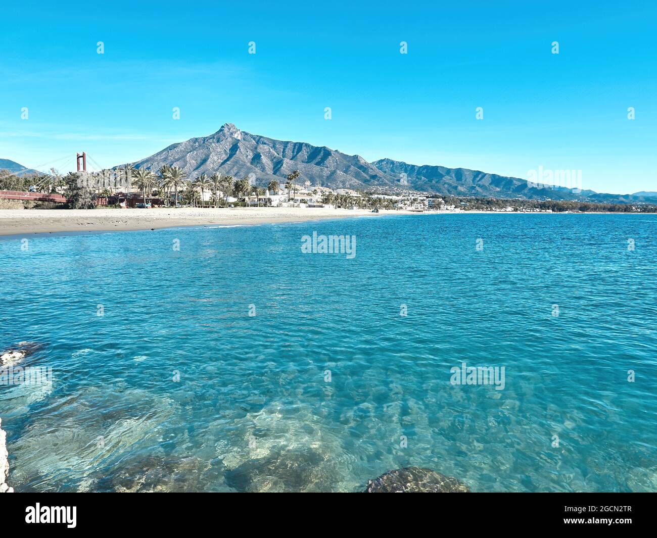 Puerto Banus, Marbella, Spain July 21, 2020. Puerto Banus beach with