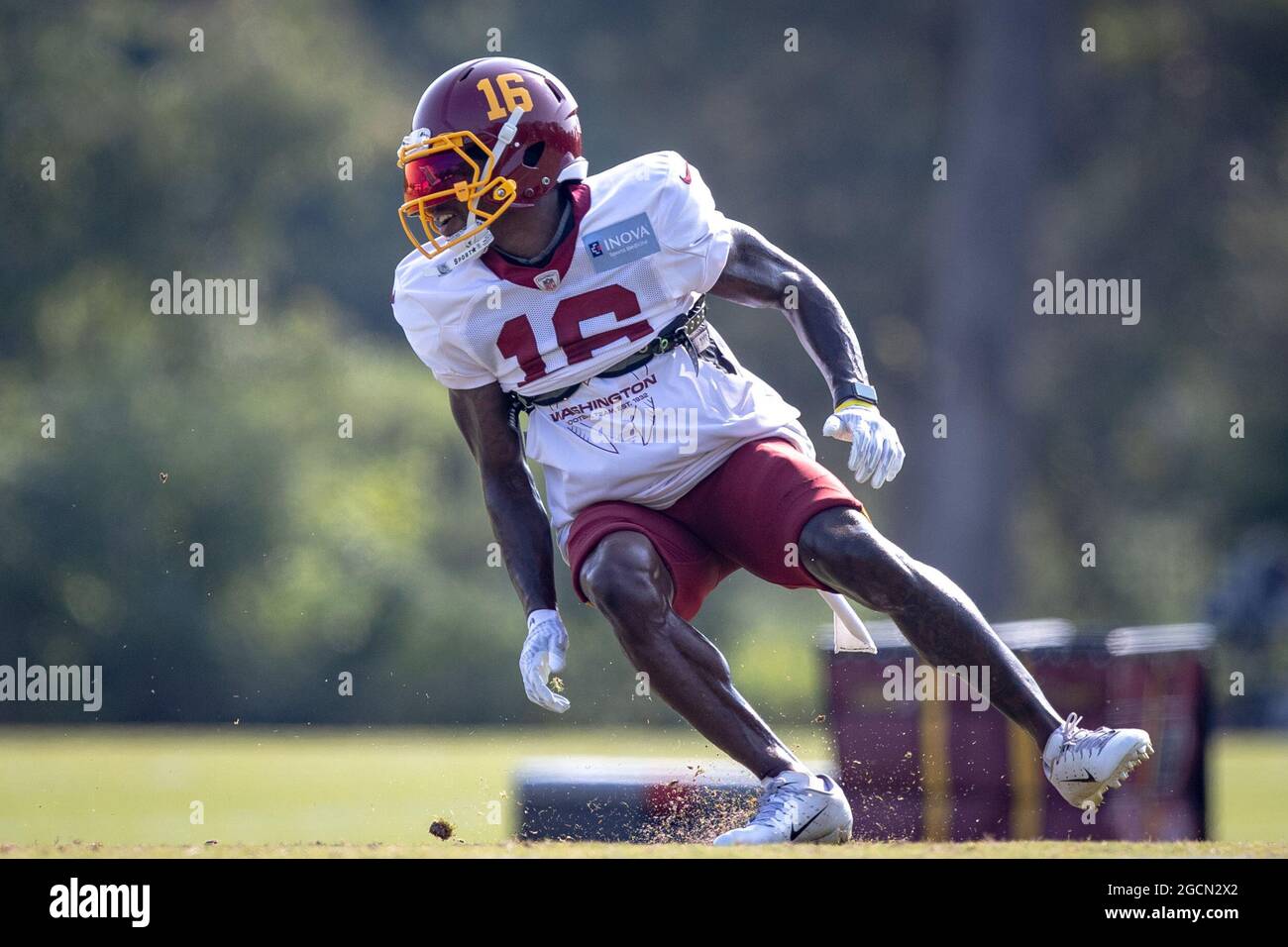 Ashburn Virginia Usa August 9 21 Washington Football Team Wide Receiver Deandre Carter 16 Runs A Route During The Team S Nfl Football Training Camp Practice At The Washington Football Team Facilities In