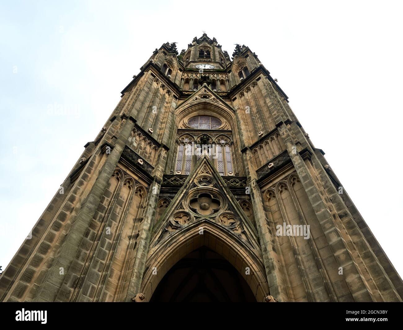 Tower of the church of the Cathedral of the Good Shepherd in San Sebastián Donostia, northern Spain; slanted shot. Stock Photo