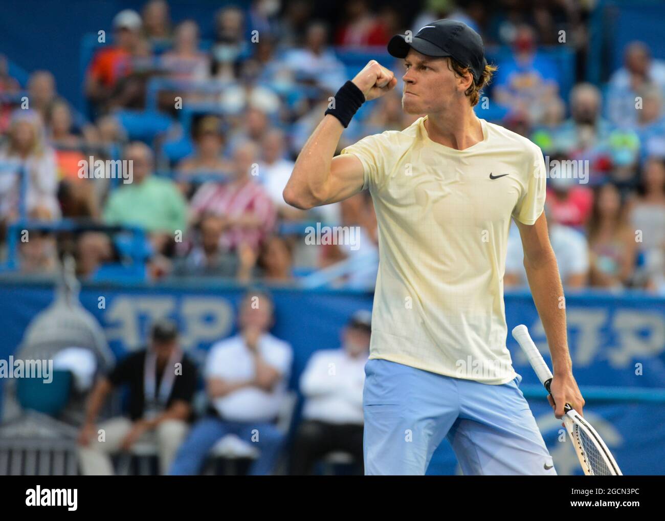 August 8, 2021, Washington, District of Columbia, USA JANNIK SINNER of Italy celebrates in the final of the Citi Open tennis tournament