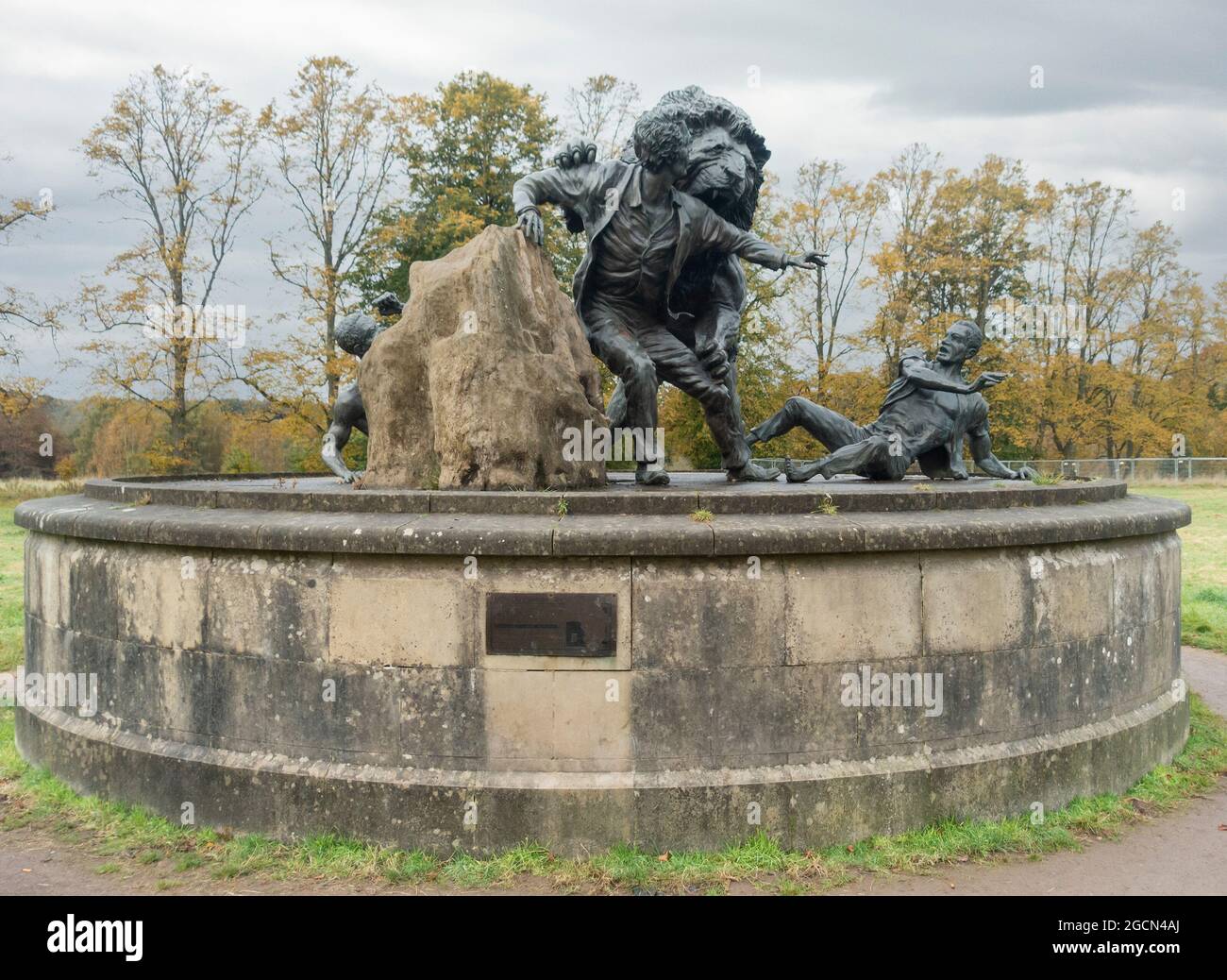 Bronze sculpture of a lion attacking Dr David Livingstone: a  sculpture by Gareth Knowles funded by Ray Harryhausen, whose idea it was. The statue was Stock Photo
