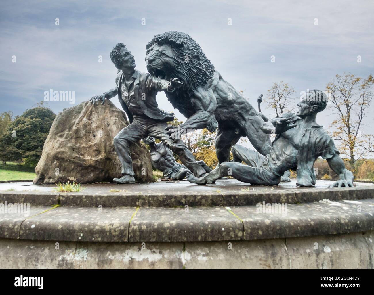 Statue of a lion attacking David Livingstone a  sculpture by Gareth Knowles funded by Ray Harryhausen, whose idea it was. It was unveiled in Blantyre, Stock Photo